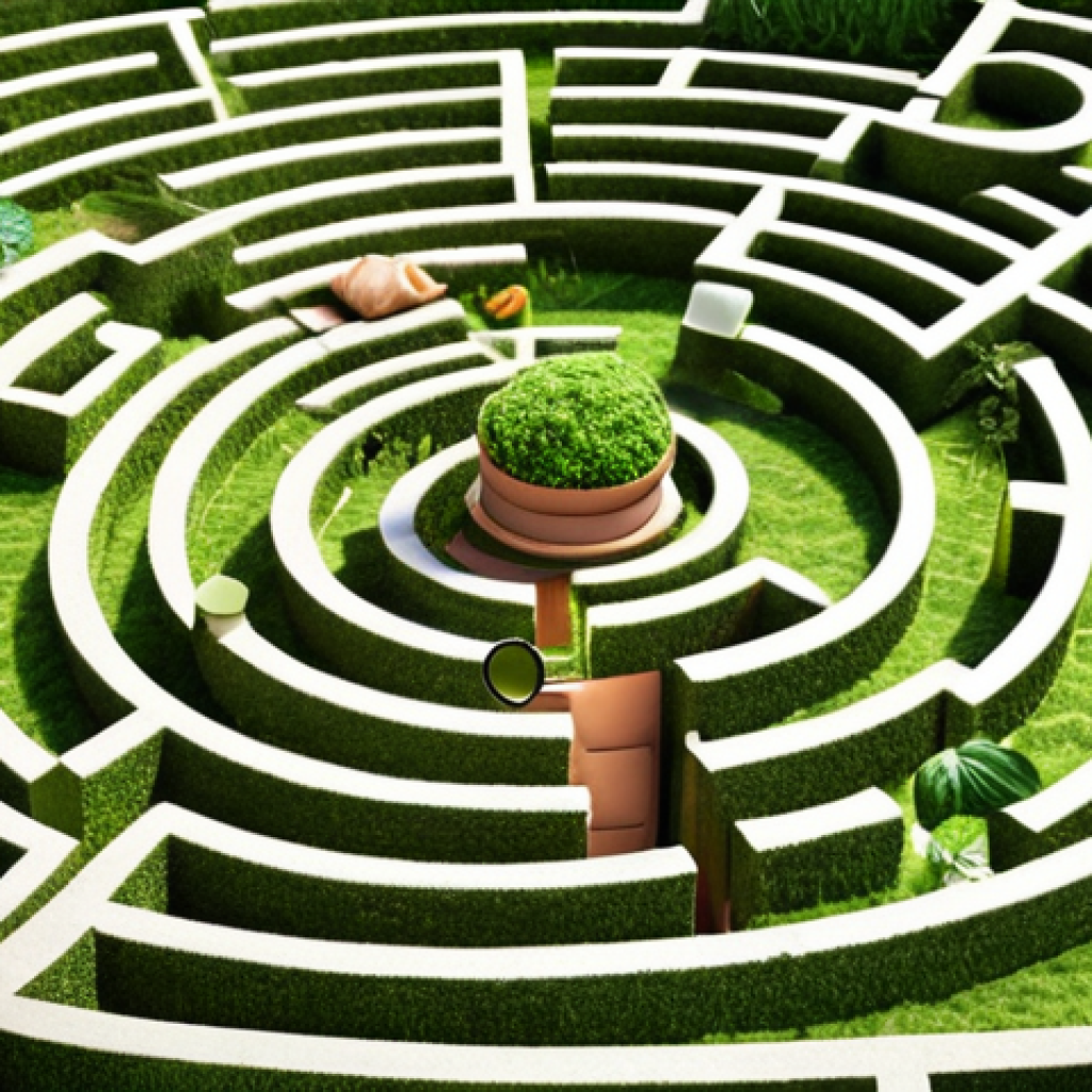 **A complex maze with walls made of legal documents and herbal remedies. A person with a magnifying glass looks confused, trying to find their way through the maze. The style should be slightly surreal and represent the confusing legal landscape of natural therapies.**