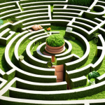 **A complex maze with walls made of legal documents and herbal remedies. A person with a magnifying glass looks confused, trying to find their way through the maze. The style should be slightly surreal and represent the confusing legal landscape of natural therapies.**