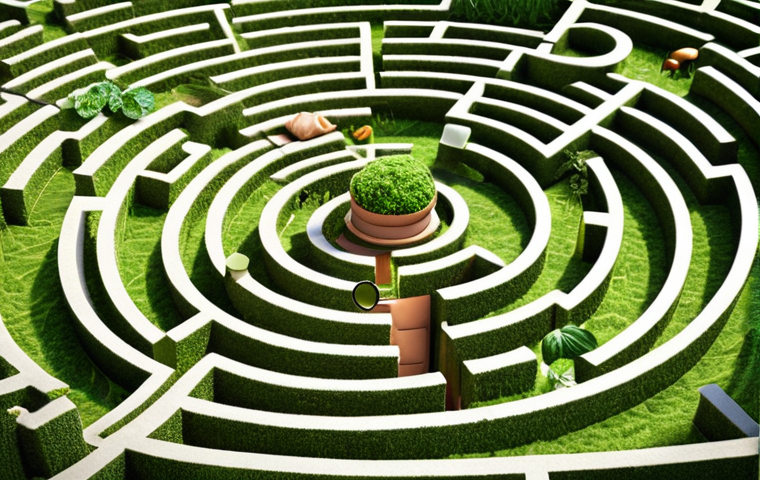 **A complex maze with walls made of legal documents and herbal remedies. A person with a magnifying glass looks confused, trying to find their way through the maze. The style should be slightly surreal and represent the confusing legal landscape of natural therapies.**