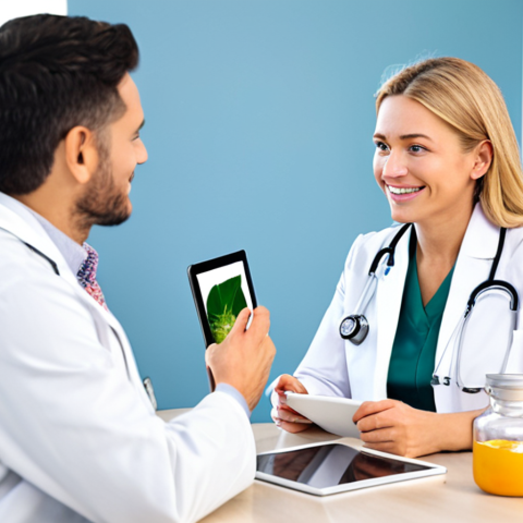 Personalized Wellness Consultation**
A friendly and professional naturopathic doctor in a bright, modern office, consulting with a female patient. The doctor is explaining a personalized wellness plan, highlighting herbal remedies and nutritional guidelines on a tablet. The patient looks engaged and hopeful. Soft, natural lighting. Focus on the connection and trust between doctor and patient. fully clothed, appropriate attire, safe for work, perfect anatomy, natural proportions, professional photography, high quality, professional, modest, family-friendly.
**