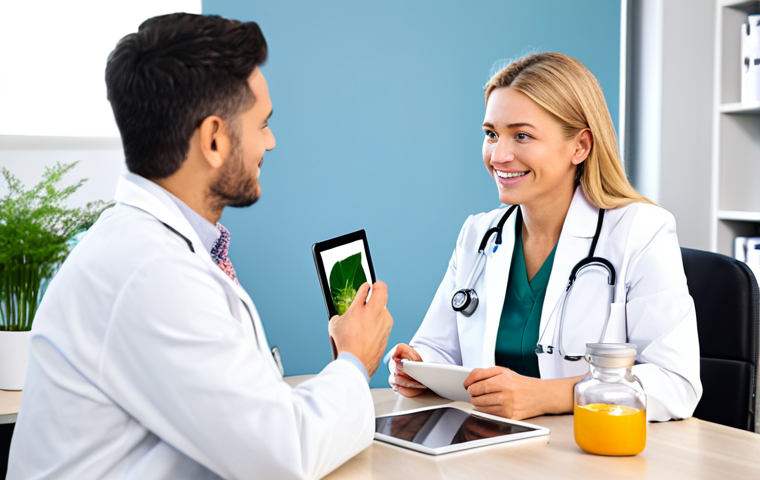 Personalized Wellness Consultation**
A friendly and professional naturopathic doctor in a bright, modern office, consulting with a female patient. The doctor is explaining a personalized wellness plan, highlighting herbal remedies and nutritional guidelines on a tablet. The patient looks engaged and hopeful. Soft, natural lighting. Focus on the connection and trust between doctor and patient. fully clothed, appropriate attire, safe for work, perfect anatomy, natural proportions, professional photography, high quality, professional, modest, family-friendly.
**