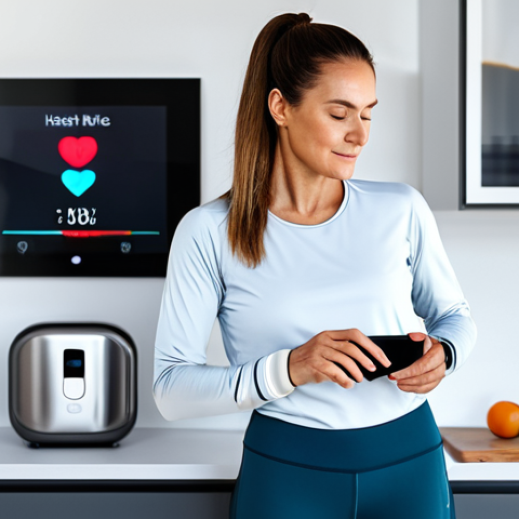 AI-Powered Personalized Wellness**
"A woman in her late 30s, wearing comfortable, fully clothed athleisure wear, standing in a bright, modern kitchen, holding a sleek wearable device on her wrist, with a holographic display showing personalized wellness data (heart rate, sleep score), safe for work, appropriate content, fully clothed, professional, perfect anatomy, correct proportions, natural pose, digital art, high quality, showcasing the integration of technology and personalized health recommendations."
**
