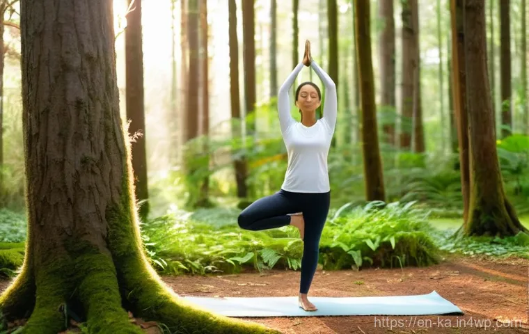 자연 처방 제도와 자아 존중감 - **Prompt:** A serene, sun-dappled forest scene where a woman, in her late 20s to early 30s, stands p...