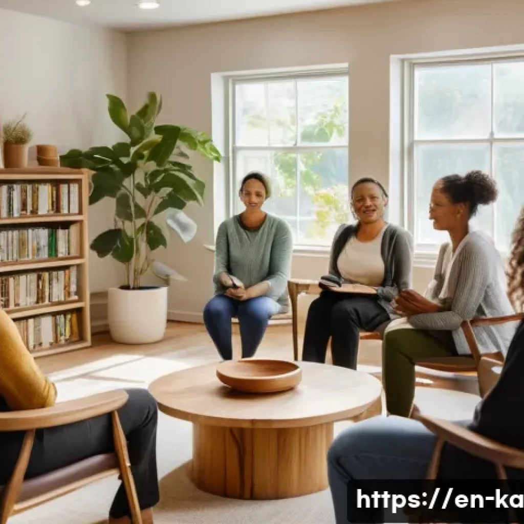 자연 처방 제도에서의 지원 그룹 - A diverse group of adults gathered in a cozy, warmly lit community room engaged in a natural wellnes...