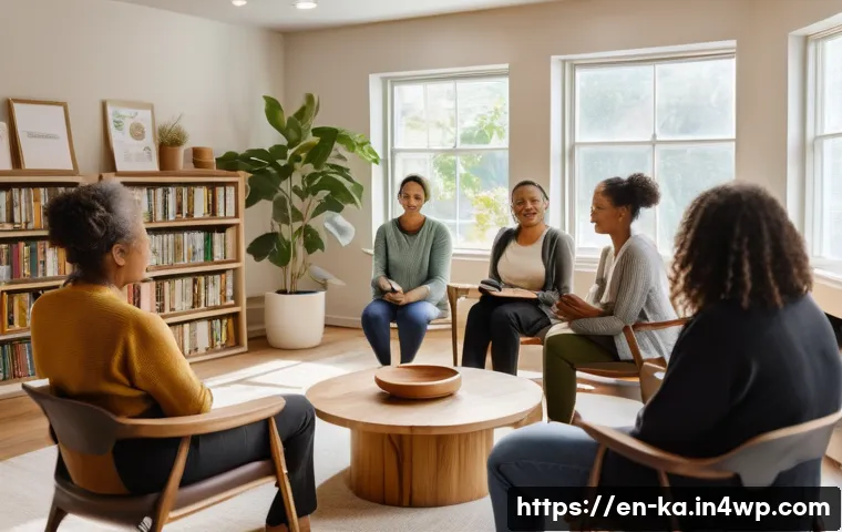 자연 처방 제도에서의 지원 그룹 - A diverse group of adults gathered in a cozy, warmly lit community room engaged in a natural wellnes...