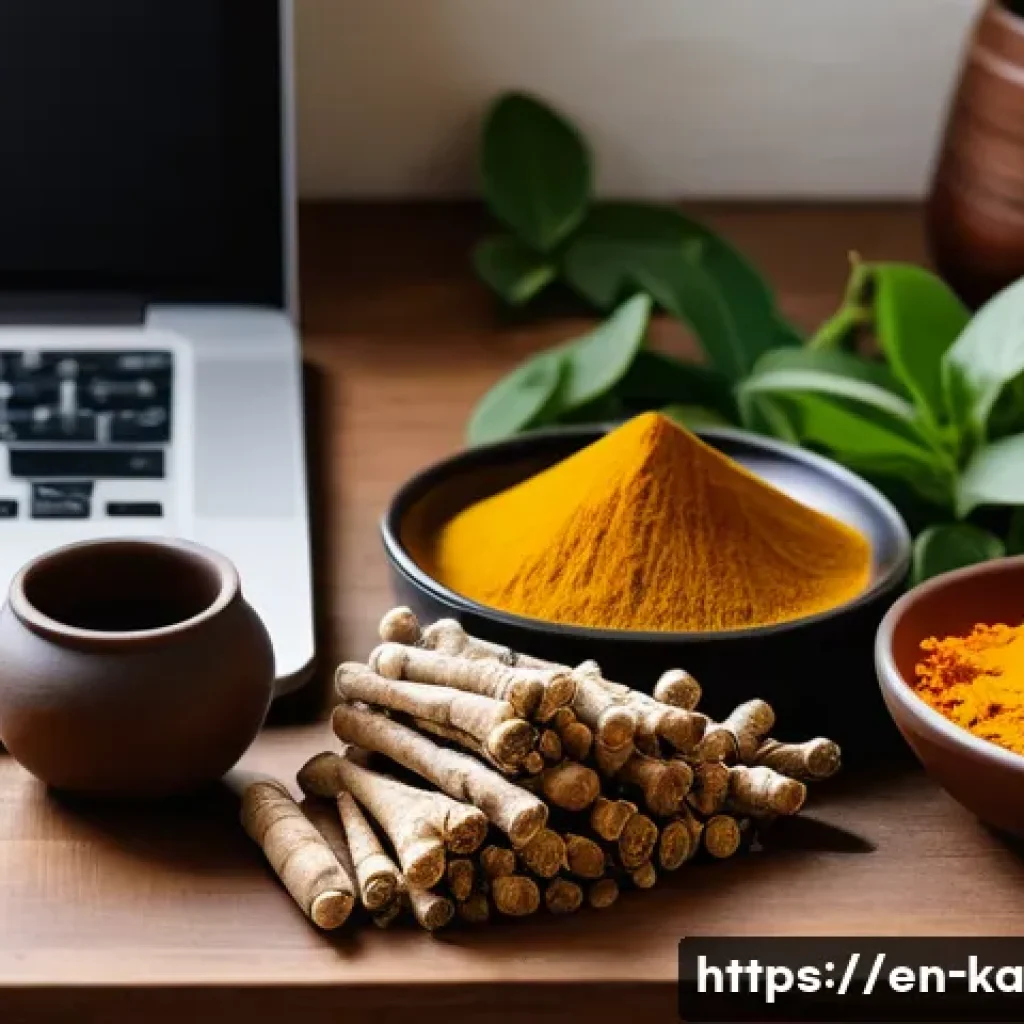 자연 처방 제도의 새로운 연구 방향 - A serene and detailed scene of an Ayurvedic herbalist’s workspace, featuring vibrant turmeric roots,...