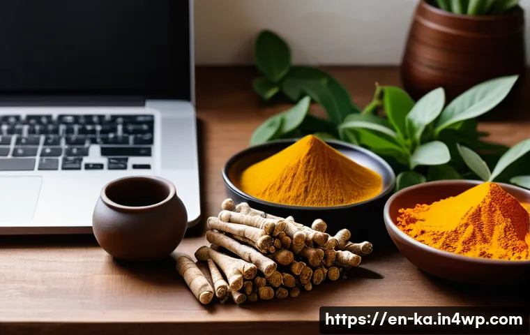 자연 처방 제도의 새로운 연구 방향 - A serene and detailed scene of an Ayurvedic herbalist’s workspace, featuring vibrant turmeric roots,...