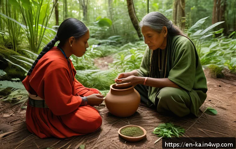 자연 처방 제도에서의 문화적 영향 - A serene outdoor scene depicting an Indigenous healer conducting a traditional herbal workshop in a ...