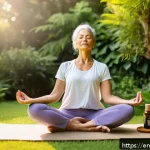 Home 19 자연 처방 제도와 질병 관리 - A serene wellness scene featuring a middle-aged woman in comfortable yoga attire practicing mindfuln...