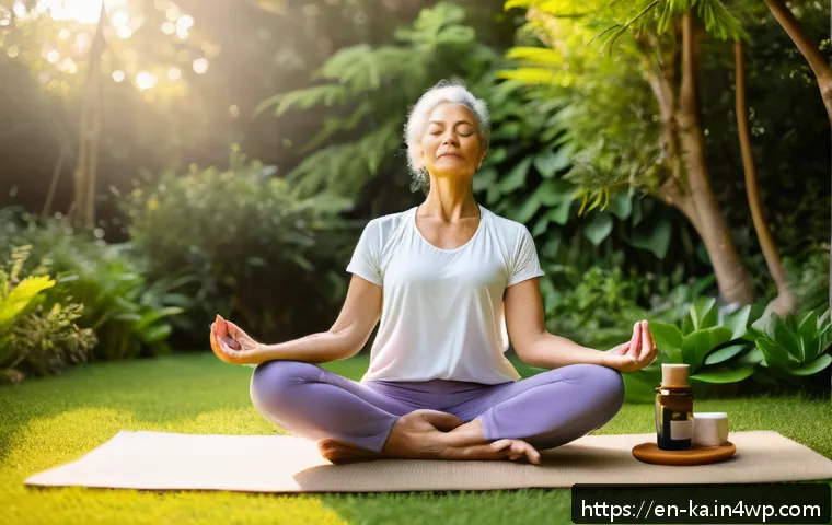 자연 처방 제도와 질병 관리 - A serene wellness scene featuring a middle-aged woman in comfortable yoga attire practicing mindfuln...