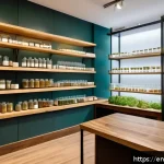 Home 18 자연 처방 제도의 영향력 있는 인물들 - A serene wellness clinic interior blending traditional herbal apothecary elements with modern scient...