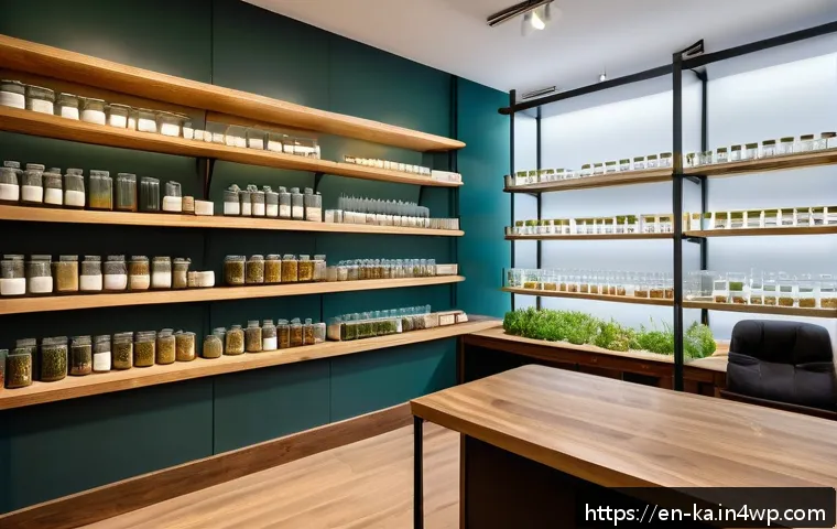 자연 처방 제도의 영향력 있는 인물들 - A serene wellness clinic interior blending traditional herbal apothecary elements with modern scient...