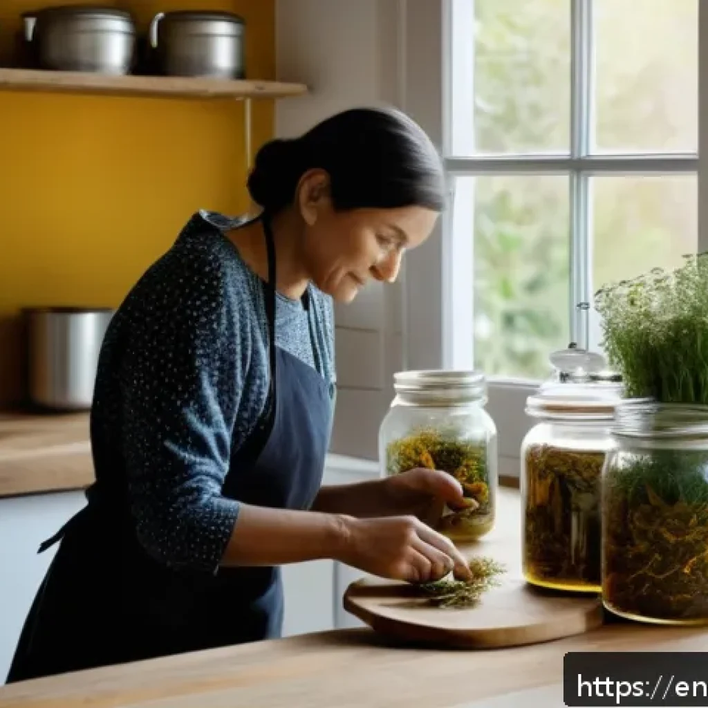 자연 처방 제도와 건강 관리 시스템 - A serene modern kitchen scene with a middle-aged woman preparing herbal tea using fresh chamomile, t...