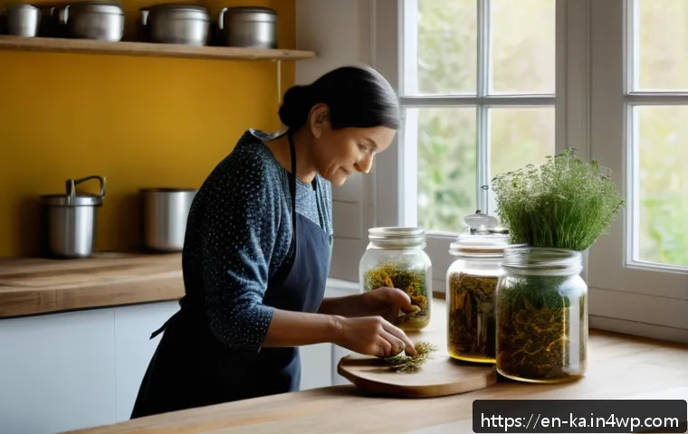 자연 처방 제도와 건강 관리 시스템 - A serene modern kitchen scene with a middle-aged woman preparing herbal tea using fresh chamomile, t...
