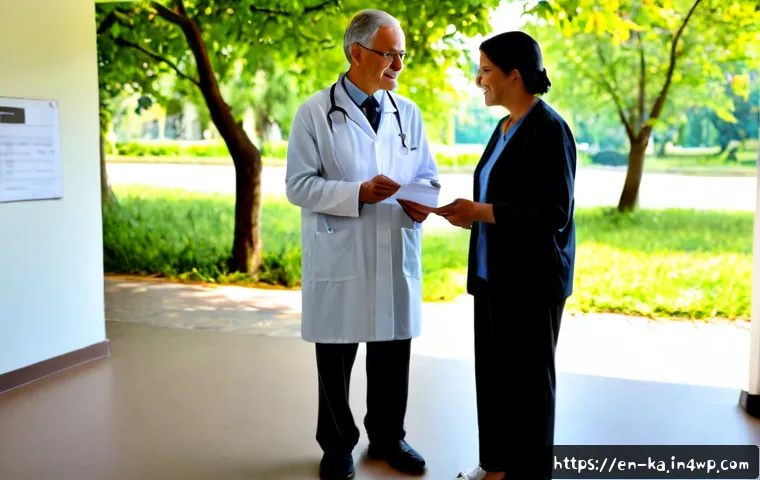 Home 17 자연 처방 제도와 사회적 책임 - Photorealistic community health consultation in a bright local clinic, a compassionate family doctor...